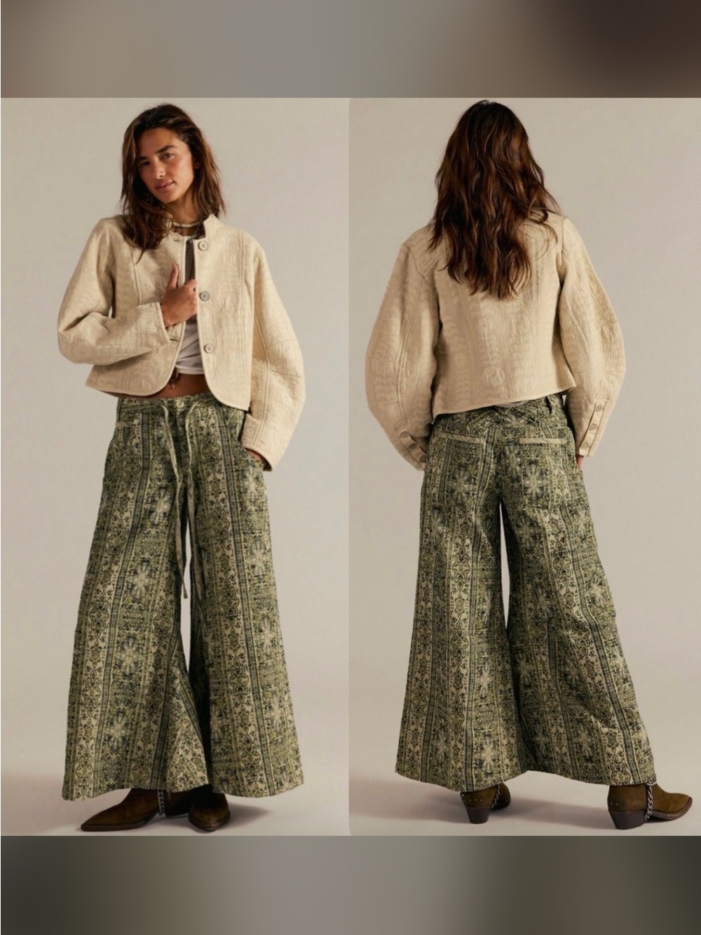 Free People Dahlia Olive Printed Wide-Leg Palazzo Pants